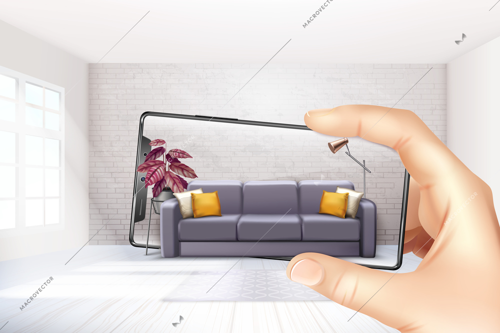 Smartphone augmented virtual reality interior application apps choosing sofa experience for touch screen realistic composition vector illustration