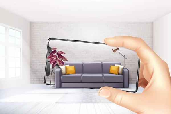 Smartphone augmented virtual reality interior application apps choosing sofa experience for touch screen realistic composition vector illustration