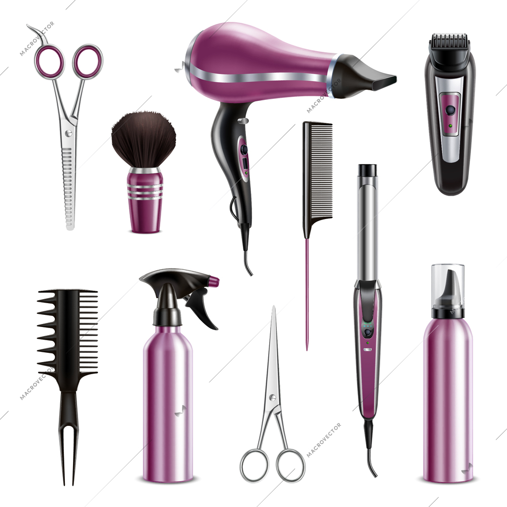Hairdresser tools realistic set with hairdryer combs scissors trimmer sprayer  pump dispenser electric curler isolated vector illustration