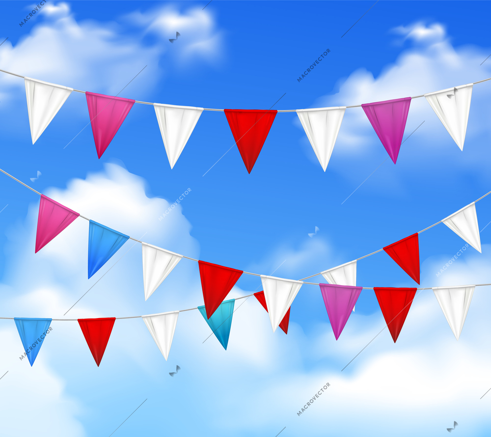 Decorative outdoor party slingers pennants red white pink against blue cloudy sky realistic closeup image vector illustration