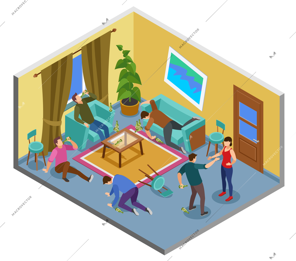 Alcoholism addiction isometric composition with problem uncontrollable drinking home people fighting abusing spouse falling unwell vector illustration