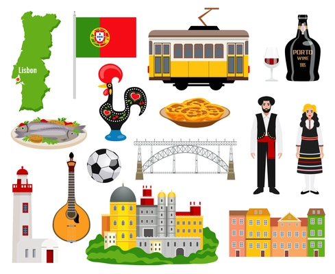 Portugal tourism icons set with cuisine and map symbols flat isolated vector illustration