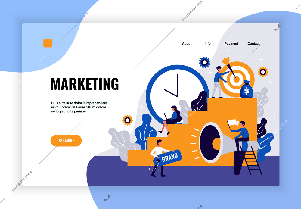 Digital marketing page design with brand development symbols flat vector illustration