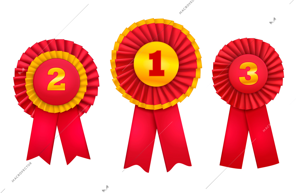 Rewarding badges rosettes award realistic set of orders for top winning places decorated with red ribbons vector illustration