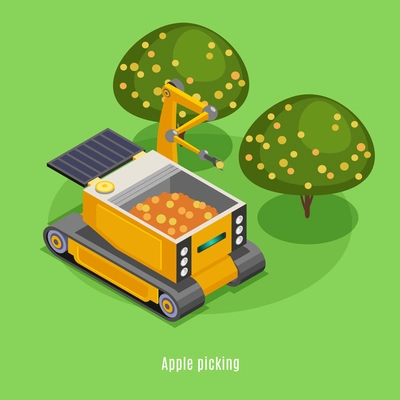 Agricultural harvesting robots isometric  composition with automated robotic arm machinery picking fruits from trees background vector illustration