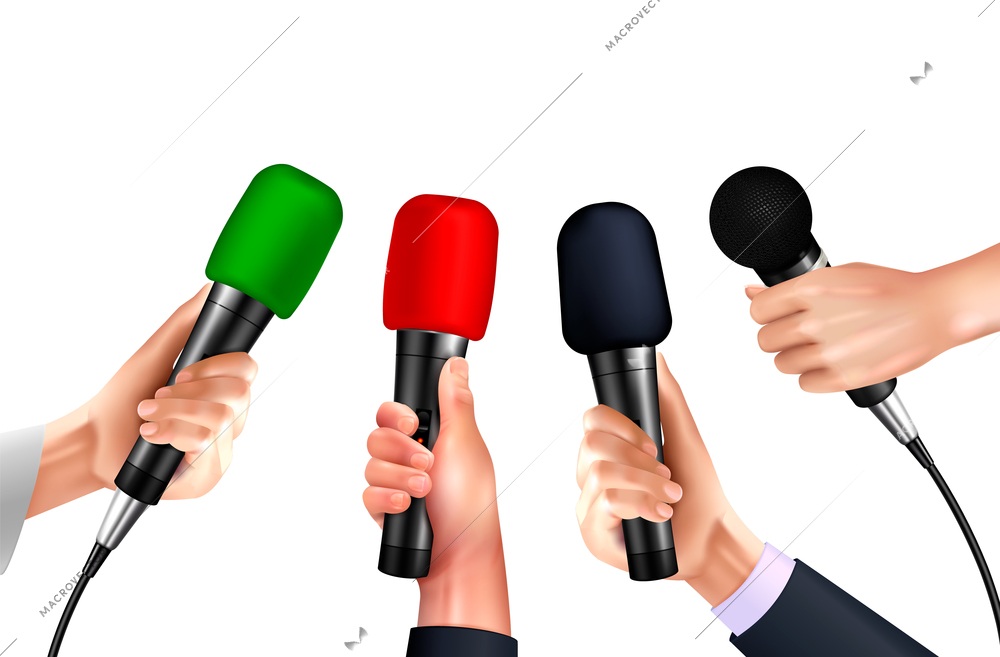 Professional microphones in human hands realistic images set on blank background with different modern mic models vector illustration