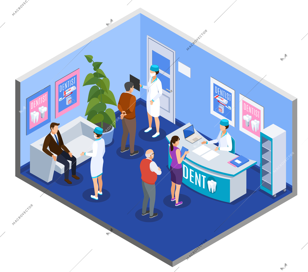 Dental clinic practice reception area waiting room isometric composition with patients at desk making appointment vector illustration