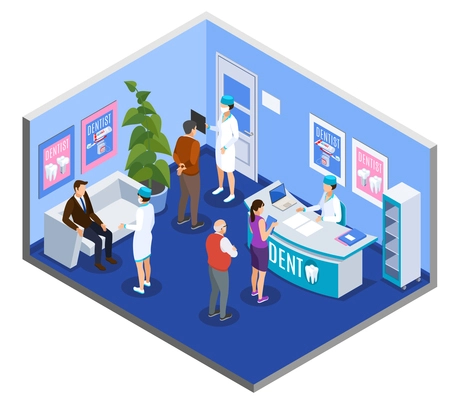 Dental clinic practice reception area waiting room isometric composition with patients at desk making appointment vector illustration