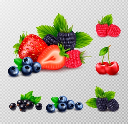 Berry fruit realistic set with clusters of ripe berries and green leaves images on transparent background vector illustration