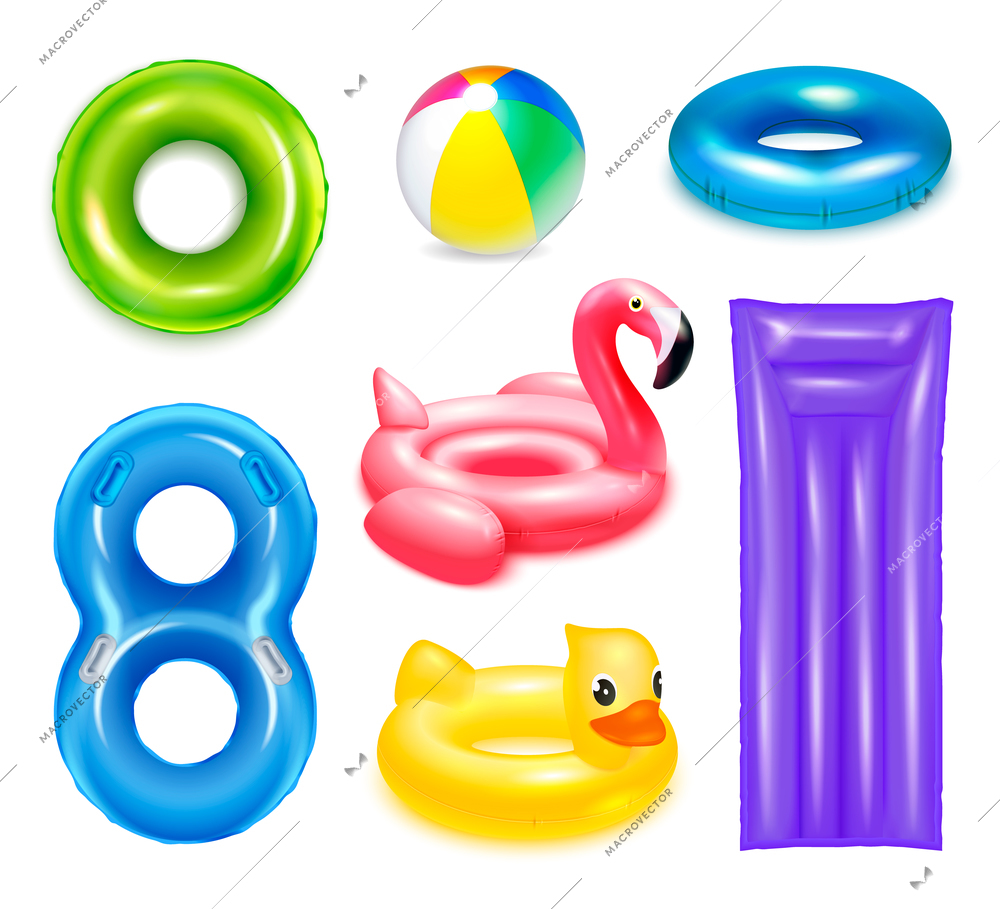 Inflatable rubber toys swimming rings set of isolated realistic images of circle shaped and childish water vector illustration