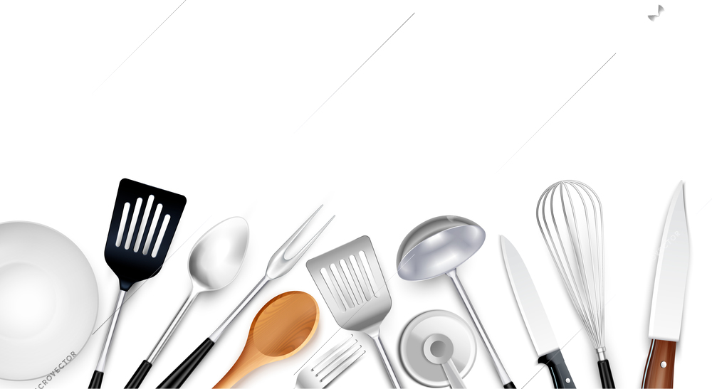 Cooking tools background composition with realistic images of kitchenware items made of steel plastic and wood vector illustration