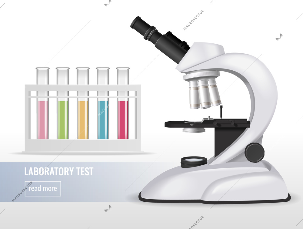 Realistic microscope composition with laboratory test tubes colourful liquids and editable text with read more button vector illustration