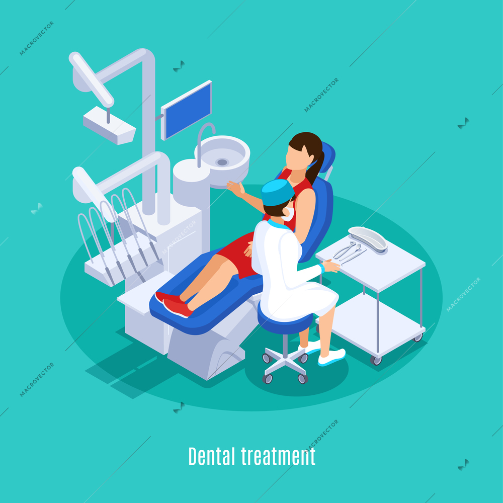 Dentistry dental oral medicine practice isometric composition with female patient checkup treatment mint green background vector illustration