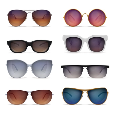 Set of eight isolated sunglasses realistic images with sun goggles models of different shape and colour vector illustration
