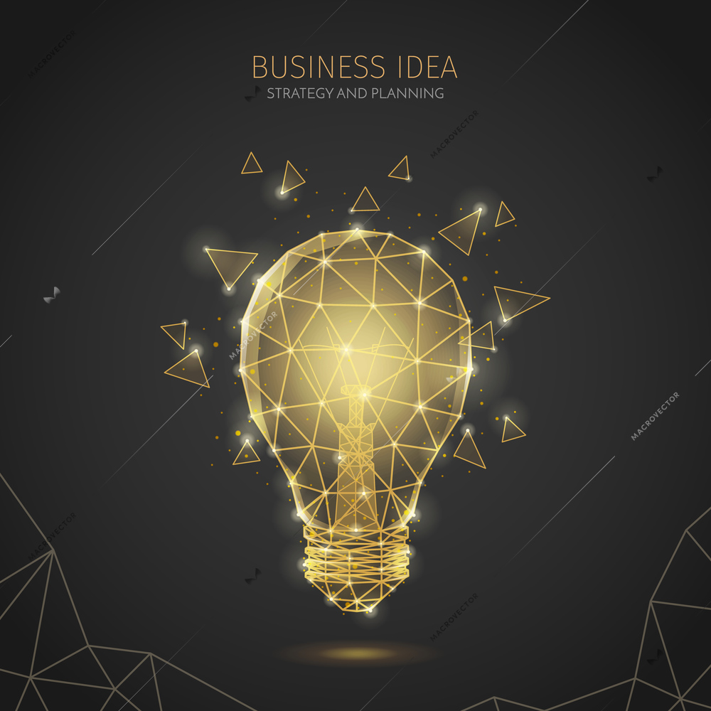 Polygonal wireframe business strategy background composition with editable text and image of incandescent lamp with polygons vector illustration