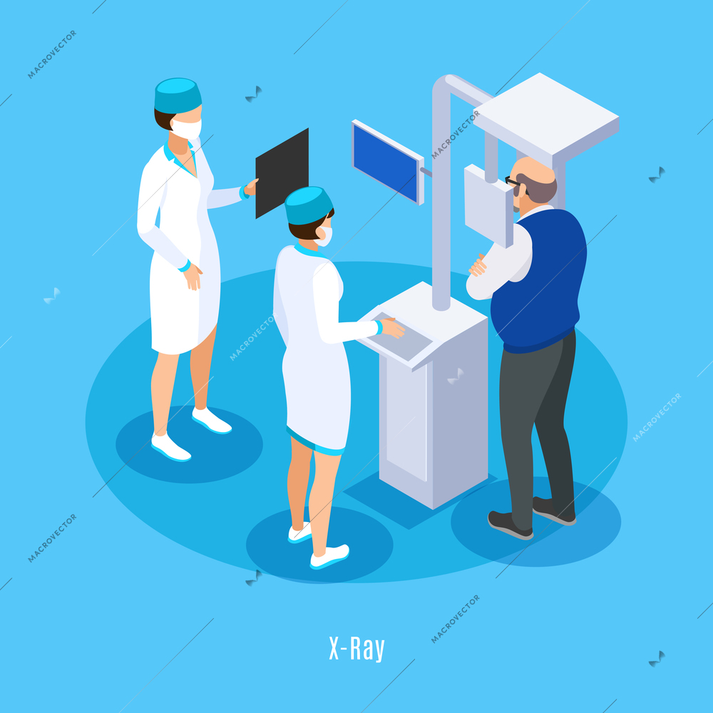 Dentist office x ray ct scan isometric composition with medical technician assistant patient blue background vector illustration