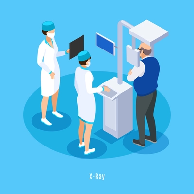 Dentist office x ray ct scan isometric composition with medical technician assistant patient blue background vector illustration