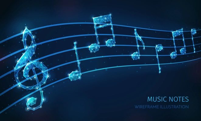 Music media polygonal wireframe composition with text and images of musical staff with clef and notes vector illustration