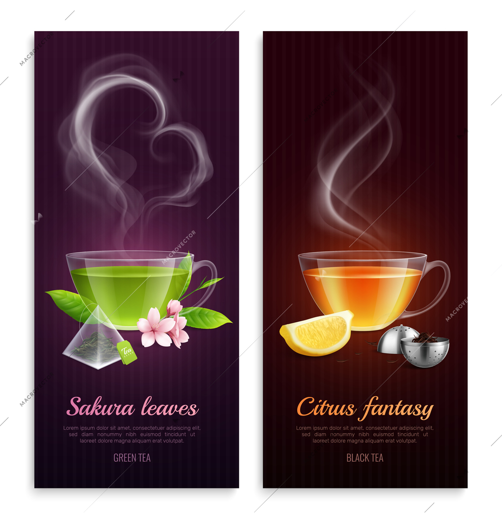 Green and black tea with sakura leaves and citrus fantasy aroma promote vertical banners with steaming cups images realistic vector illustration