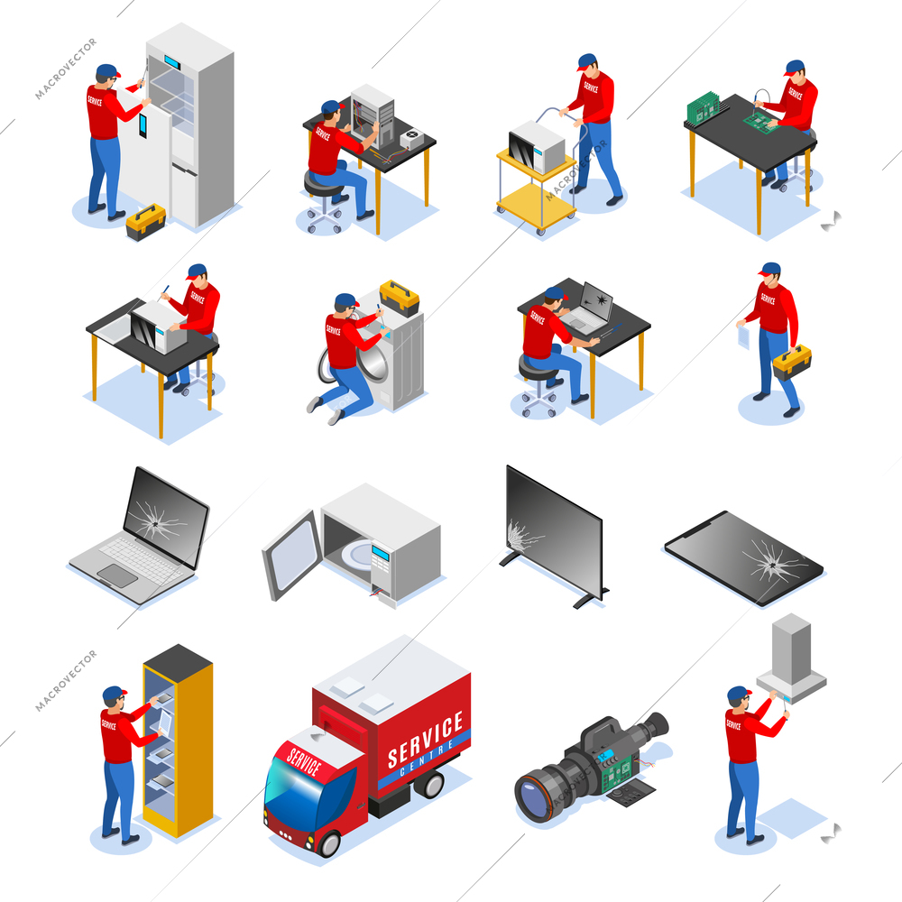 Computer tablets audio electronics devices household and business appliances repair service center isometric icons set vector illustration