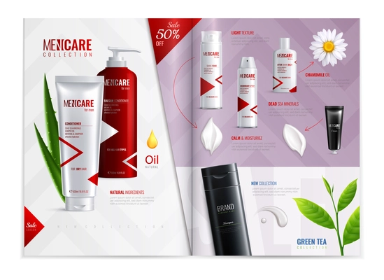 Cosmetic magazine template with promotion of men care collection realistic vector illustration