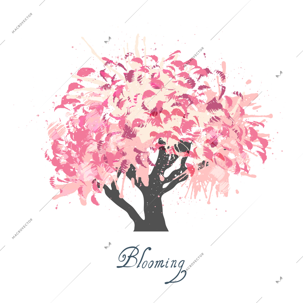 Decorative colorful apple tree spring seasonal blossom symbol ornamental design background poster grunge abstract sketch vector illustration