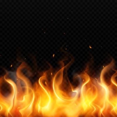 Flame of gold fire on dark transparent background with red sparks flying up realistic vector illustration