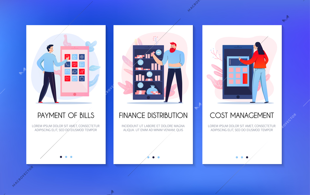 Vertical banners set with people paying bills and distributing finance online isolated on blue background flat vector illustration