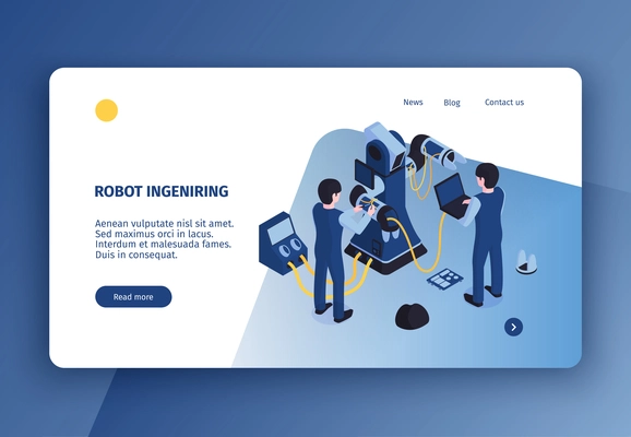 Horizontal robot automation concept banner with isometric image of robotic manipulator under maintenance with human characters vector illustration