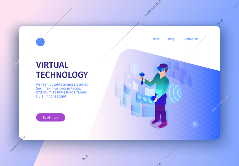 Isometric virtual reality concept banner with images clickable links read more button and editable text description vector illustration