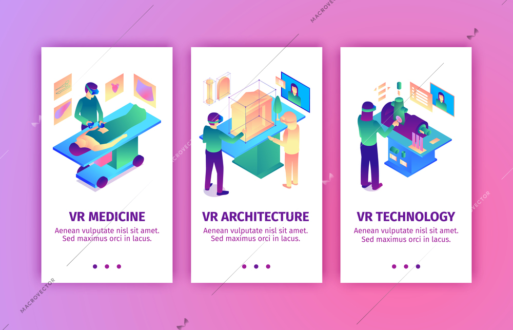 Set of isometric virtual reality vertical banners with images of people bringing augmented reality to industries vector illustration