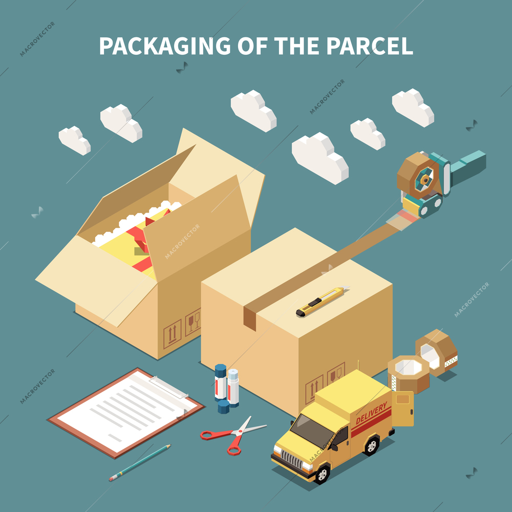 Cardboard boxes delivery car and tools for parcel packaging isometric concept 3d vector illustration