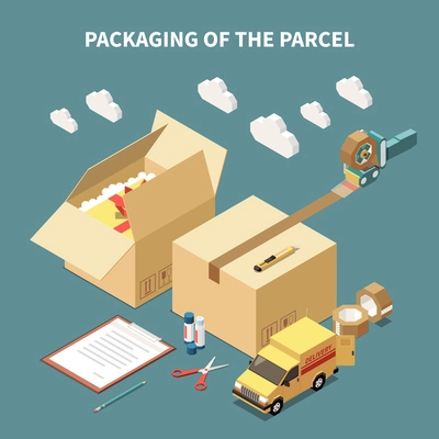 Cardboard boxes delivery car and tools for parcel packaging isometric concept 3d vector illustration