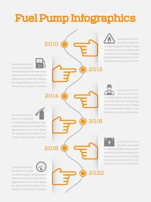 Auto gasoline  battery charger fuel pump station service timeline infographics with orange hands vector illustration