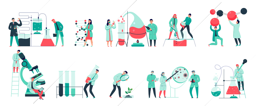 Colorful icons set with biochemical science laboratory staff performing various experiments flat isolated vector illustration