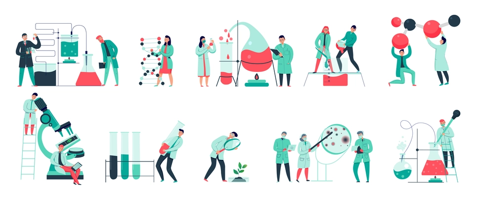 Colorful icons set with biochemical science laboratory staff performing various experiments flat isolated vector illustration