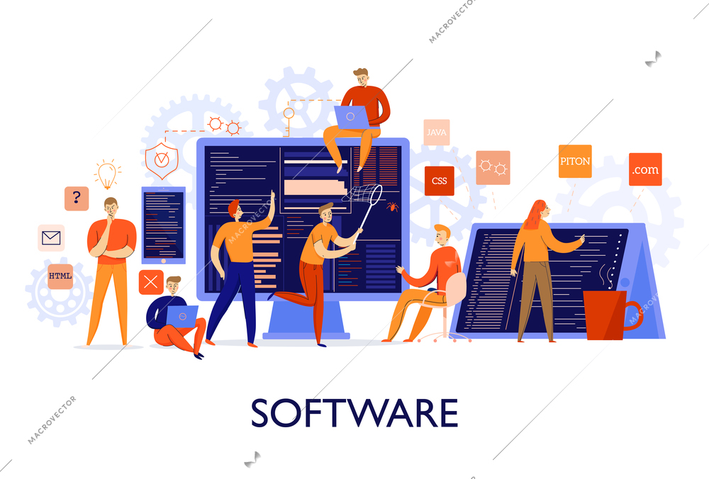 Professional programmers configuring software colorful flat vector illustration