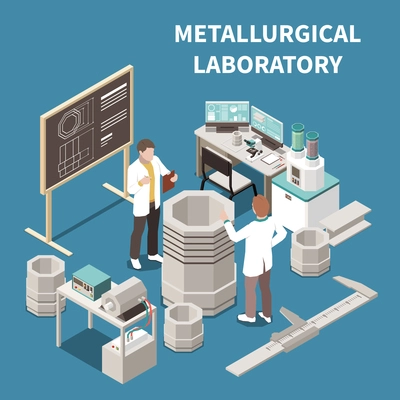 Metal industry isometric composition with two people in metallurgical laboratory 3d vector illustration