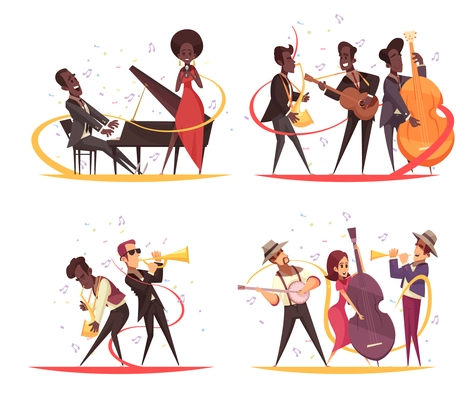 Jazz design concept with cartoon characters of musicians on stage with instruments and note silhouettes vector illustration