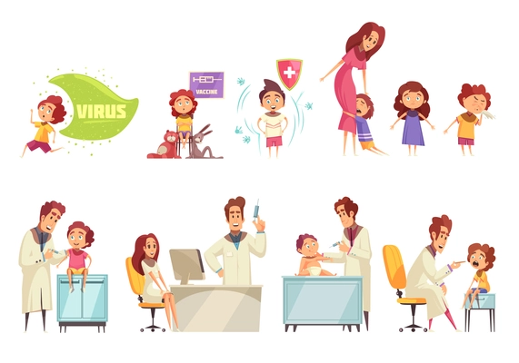 Kids vaccination decorative icons set with doctors and parents who bring their kids to receiving vaccine flat vector illustration