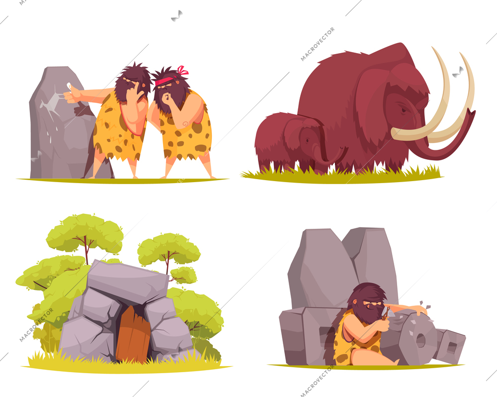 Caveman 2x2 design concept set of primitive men dressed in animal pelt busy with everyday worries cartoon vector illustration