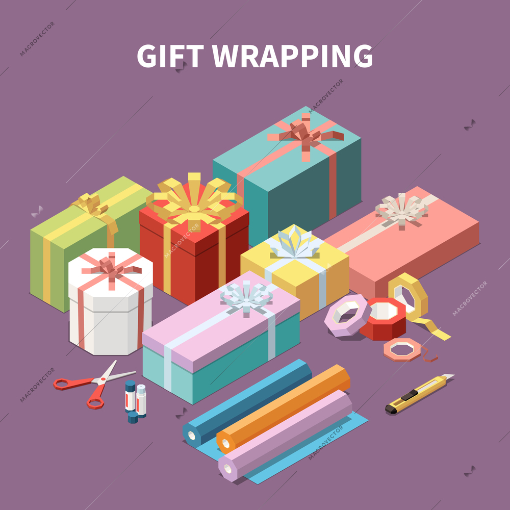 Colorful cardboard gift boxes and tools for wrapping isometric composition 3d vector illustration