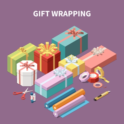 Colorful cardboard gift boxes and tools for wrapping isometric composition 3d vector illustration