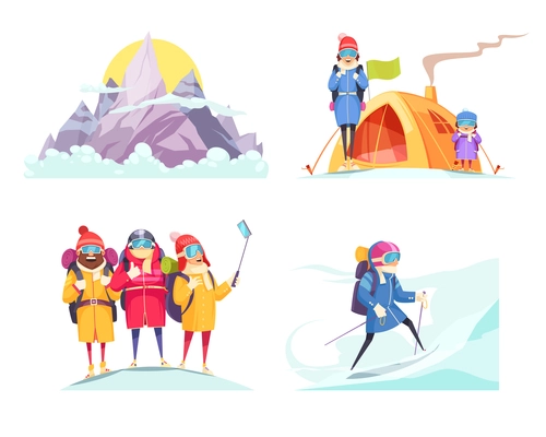 Mountaineering cartoon 4 designs concept square with alpine mountain climbers tent selfie on top isolated vector illustration