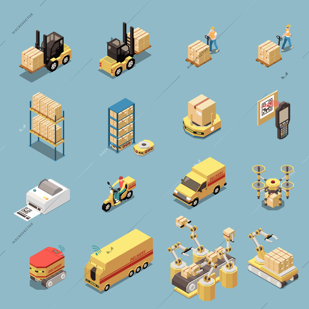 Isometric icons set with warehouse equipment and transport for goods delivery isolated on blue background 3d vector illustration