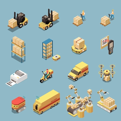 Isometric icons set with warehouse equipment and transport for goods delivery isolated on blue background 3d vector illustration