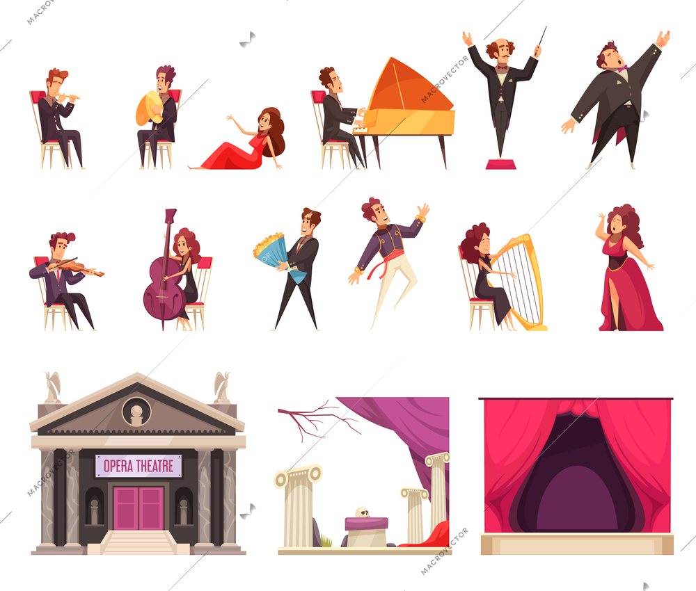 Opera theater flat cartoon elements set with performing musicians singers conductor stage curtain decorations building vector illustration