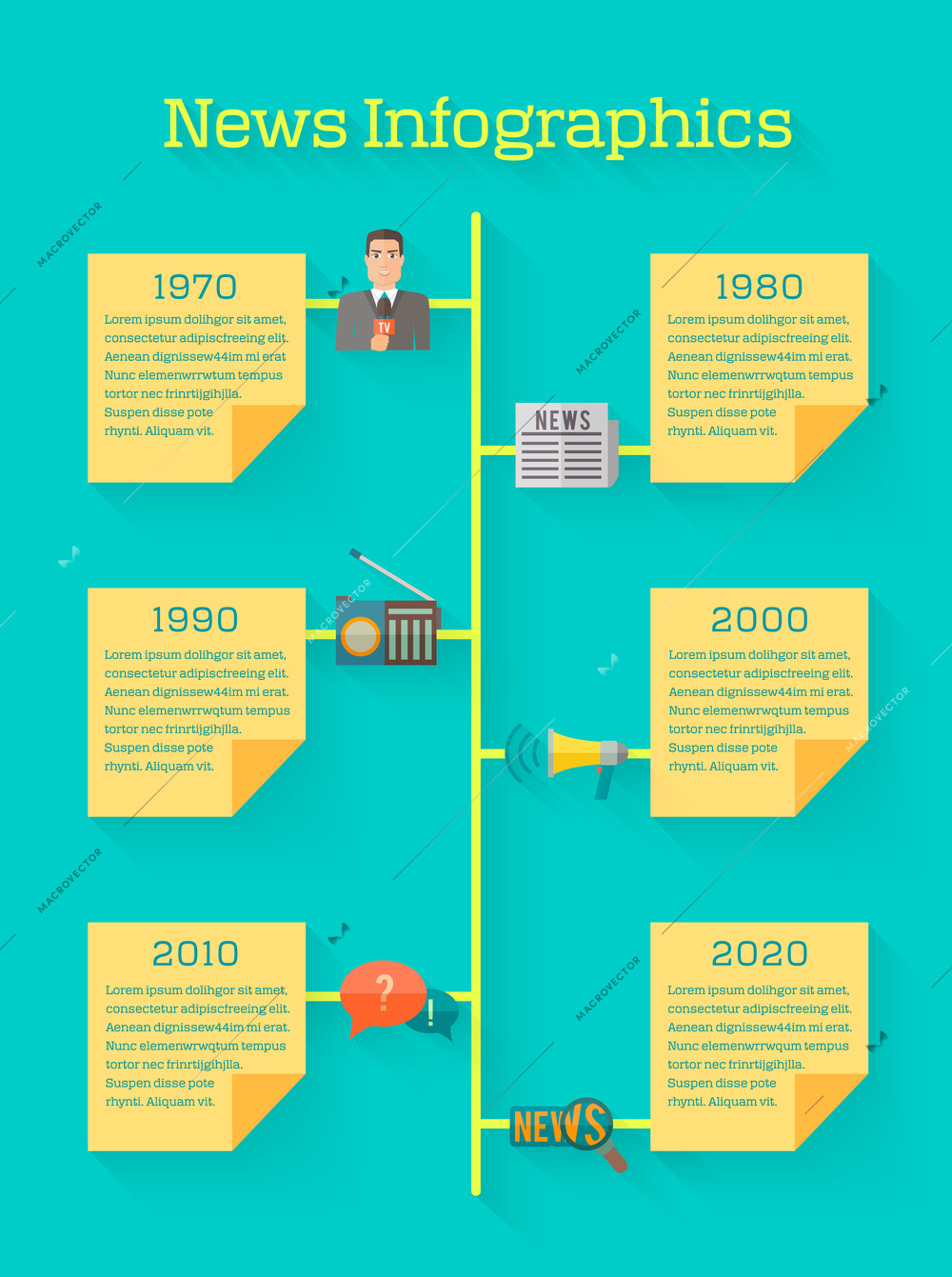 News journalism broadcasting time line infographic with yellow paper stick note vector illustration