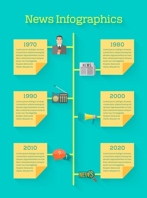 News journalism broadcasting time line infographic with yellow paper stick note vector illustration