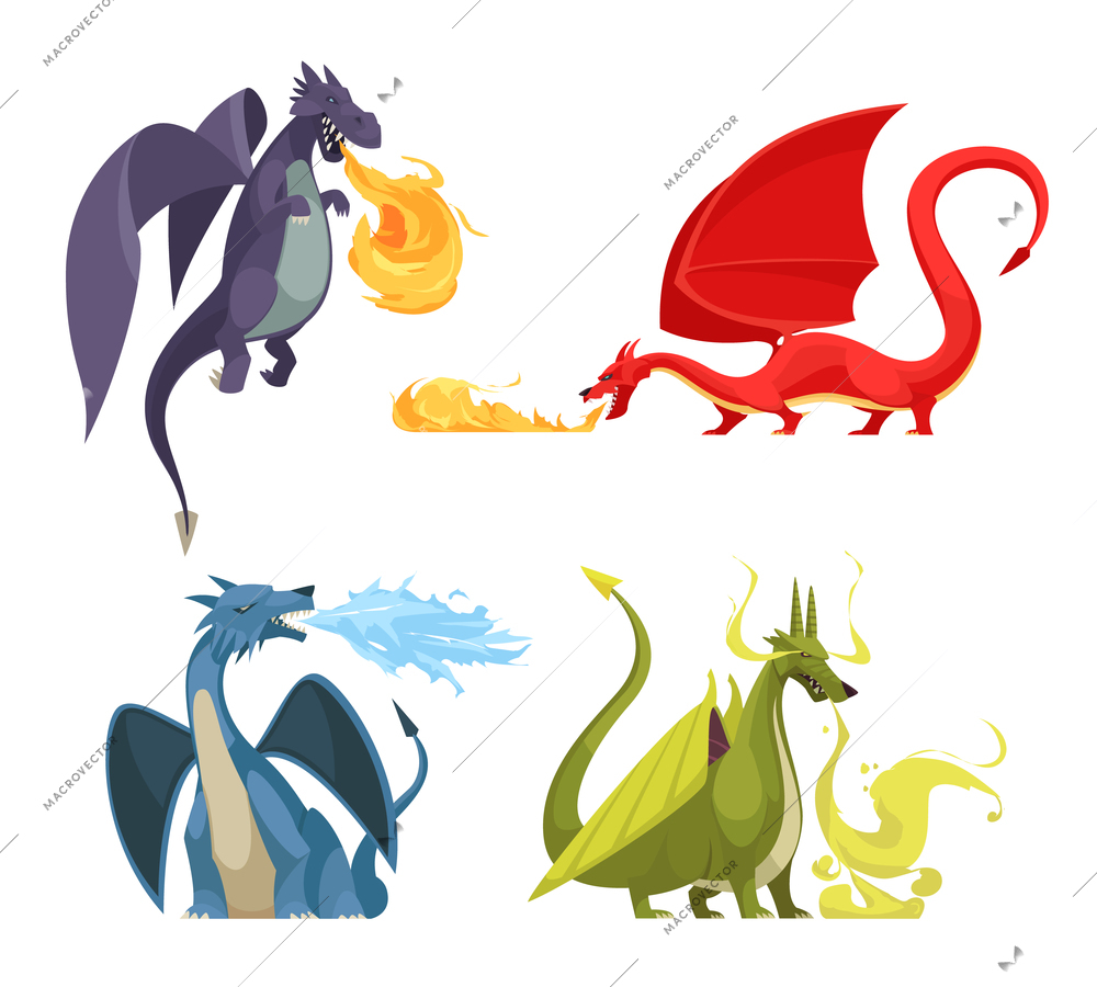 Funny colorful fire breathing dragons 4 icons concept with purple red green blue monsters cartoon vector illustration